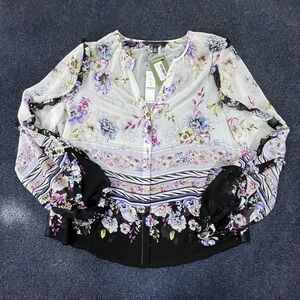 White House Black Market Blouse Womens Large Floral Remix Ecru LS Ruffle Sheer